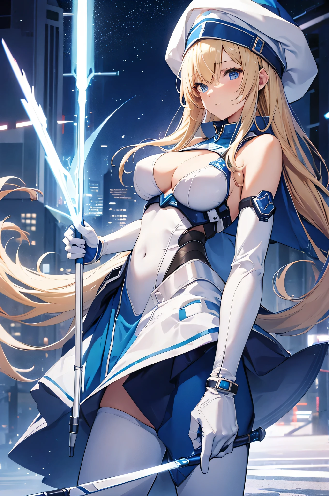 4K,High resolution,One Woman,Blonde,long hair,Blue Eyes,Big Breasts,Wizard,White tight cyber suit,Sleeveless,Blue Skirt,Blue hat,Magic wand,City of the Future,Night Sky