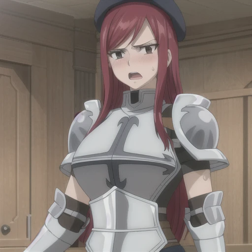 masterpiece, absurdres , (intricate details), (colorful), erza scarlet, open mouth, blush, sweat, looking at the viewer, armor, breastplate, gauntlets, shoulder armor, (black beret), (black hat), large breasts,