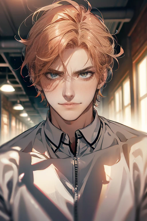 (tmasterpiece, high resolution, ultra - detailed:1.0), (1 male, madure, masculine face), Perfect male body, tall and strong, Adult male, Delicate eyes and delicate face, Extremely detailed CG, Unity 8k wallpaper, Complicated details, Detailed face, ( short gray orange hair, smile in love faces, white shirts,Bad students), (frown,smile:1.3), stad in school corridor, street style, color difference, Depth of field, dramatic shadow, Ray tracing, Best quality, Cinematic lighting, offcial art,Portrait
