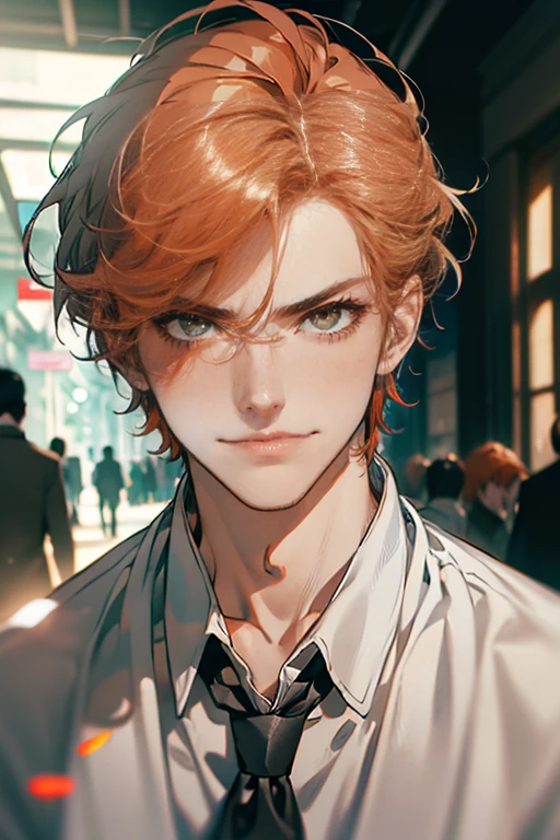 (tmasterpiece, high resolution, ultra - detailed:1.0), (1 male, madure, masculine face), Perfect male body, tall and strong, Adult male, Delicate eyes and delicate face, Extremely detailed CG, Unity 8k wallpaper, Complicated details, Detailed face, ( short  gray orange hair, smile in love faces, white shirts,Bad students), (frown,smile:1.3), stad in school corridor, street style, color difference, Depth of field, dramatic shadow, Ray tracing, Best quality, Cinematic lighting, offcial art,Portrait