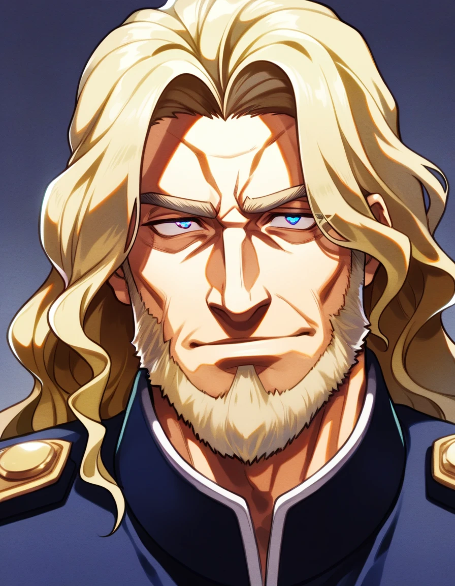 male, late 30s, blond, shoulder-length, middle-part wavy hair, light-purple, deep-set, Sanpaku eyes, slightly thick blond beard, aquiline and hooked nose, slightly underbite, chiseled, slightly long face, fearless expression, navy blue military uniform, portrait