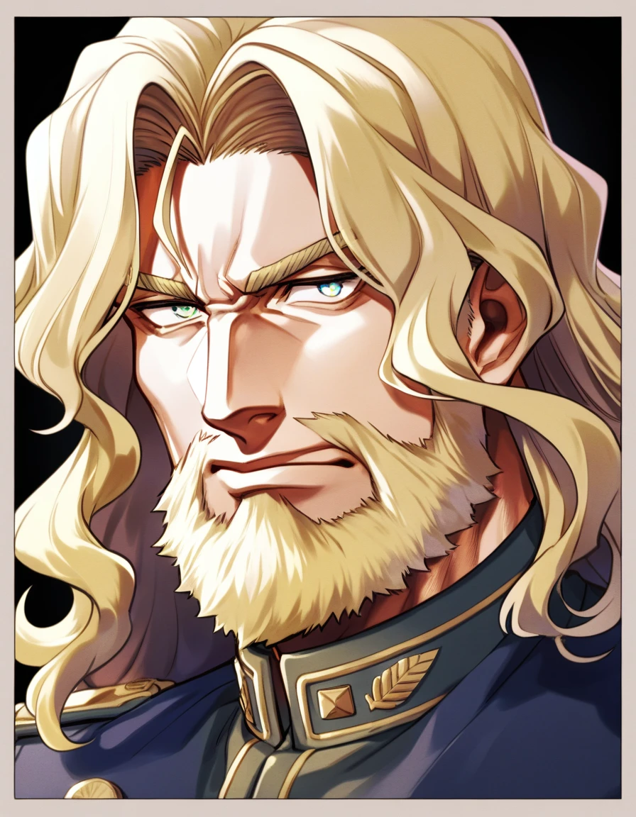 male, late 30s, blond, shoulder-length, middle-part wavy hair, light-purple, deep-set, Sanpaku eyes, slightly thick blond beard, aquiline and hooked nose, slightly underbite, chiseled, slightly long face, fearless expression, navy blue military uniform, portrait