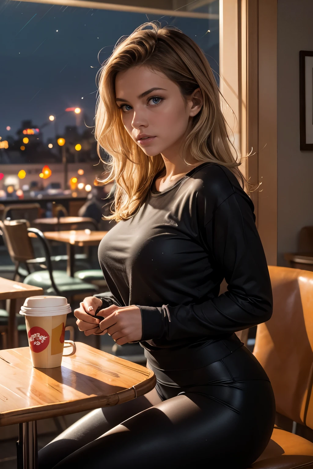 masterpiece, best quality, 1girl, portrait, pretty, 18 year old, wavy blonde hair, large breasts, (wearing baggy sweatshirt:1.1), long sleeves, wearing yoga leggings, slim, perfect hips, (sitting at a diner table:1.2), (at night:1.2), nighttime, Tim Hortons interior, fast food on table, come, fries, Toronto in the background, dramatic sky, rain, cozy ambience, ultra detailed, (sfw:1.2)