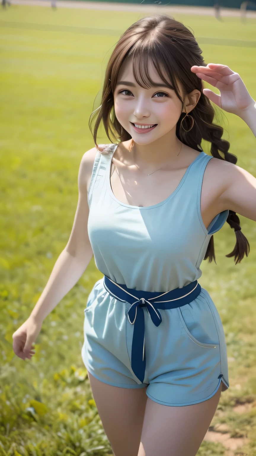 Best picture quality (8K, high resolution, Masterpiece: 1.2), super detailed,  215 Short Hair,Three braids long hair, 26-year-old woman, 

soccer player、Kicking the ball、Lawn ground、A large crowd is watching、Brown Hair Active Pause ,
Beside her、The thunder danced。
Focus on the waist above


, random cute pose ,big eyes ,Puffy eyes ,  Heart Pupil, blush  , huge shy smile , salute
