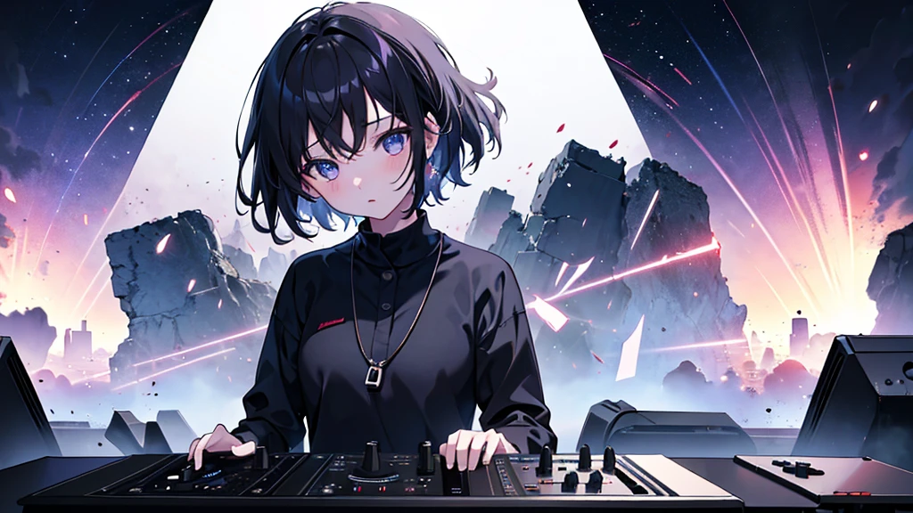 (Highest quality, masterpiece), One girl, Look down, Wind, particle, Simple Background, Dark mood, Upper Body,DJ Booth,DJPYAY,Listen to the sound,4K,wallpaper,80's,citypop,Shortcuts,Tank top