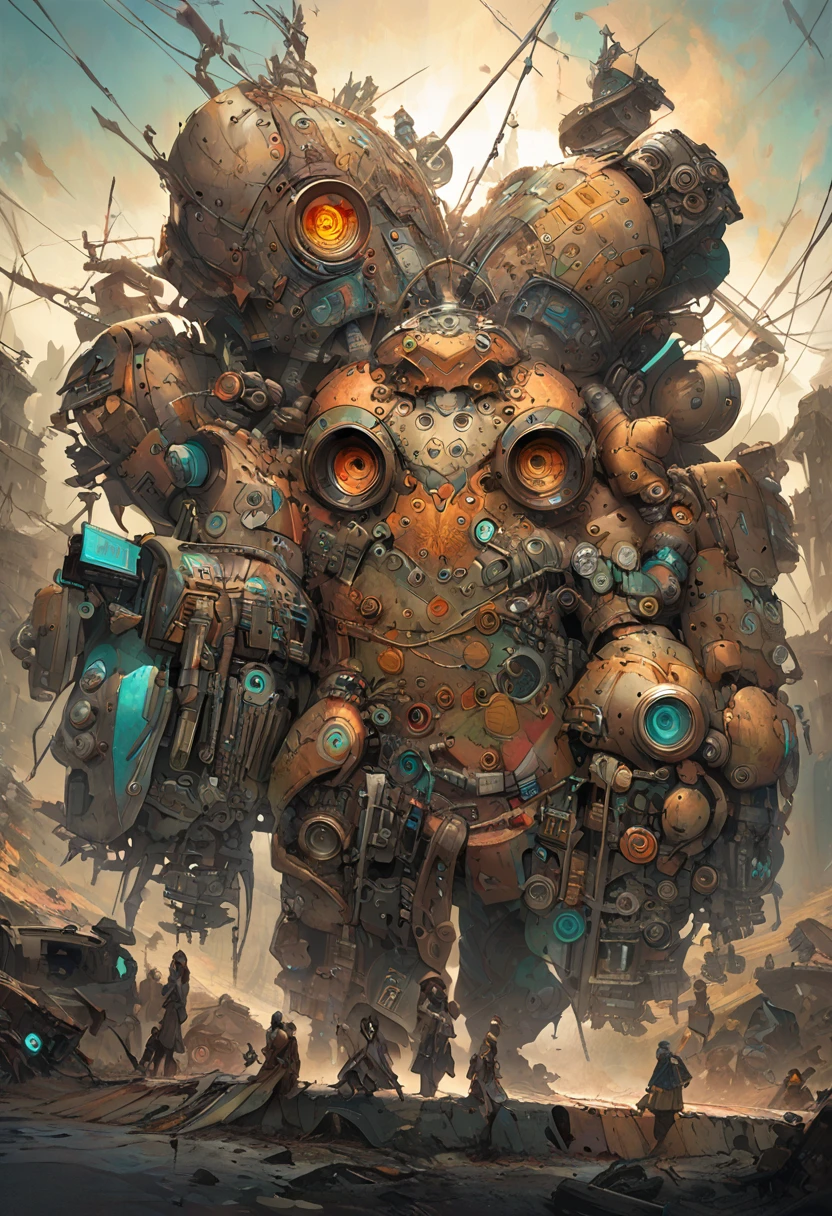 A weathered, eccentric droid mechanic with rivets and wires protruding from mismatched metal plates, an ancient mechanical arm adorned with makeshift tools, and a faded logo of a long-forgotten company etched on its chest. This compelling character concept art is a digitally painted illustration showcasing intricate details and vibrant colors. The image captures the essence of a quirky, experienced tinkerer amidst a post-apocalyptic world, inviting viewers to delve into a sci-fi narrative filled with nostalgia and innovation.