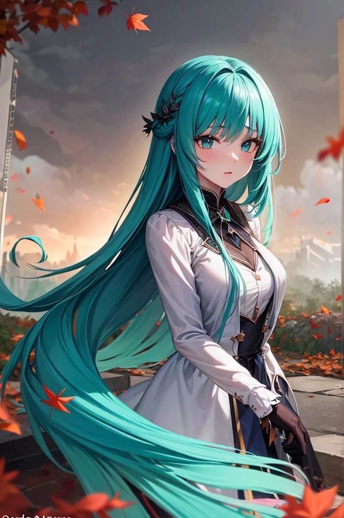 (High detail:1.2)Anime Girls,(Cinema Lighting,Delicate colors),(Fallen leaves:1.2), Subdued lighting, Wind, fog. Turquoise, Delta Shade. Discord Banner