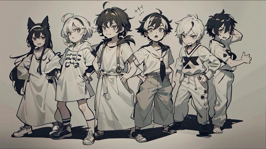 Create a black-and-white sketch of a group of six cartoon characters standing together, each displaying distinct emotions and personalities. The characters have exaggerated facial expressions and unique hairstyles. From left to right:
1. The first character has a short, messy hairstyle and looks surprised with their hands slightly raised.
2. The second character has a long, parted hairstyle and appears anxious, with a worried expression and hands clasping the front of their shirt.
3. The third character has spiky hair, is laughing with their mouth wide open, and has their hands on their hips.
4. The fourth character has short, straight hair, is making an angry face, and is clenching one fist while the other hand is on their hip.
5. The fifth character has long hair with a headband and glasses, looking confused or contemplative, and is wearing a shirt with a large 'A' on it.
6. The sixth character has short, dark hair and is making a mischievous or rebellious face, with one hand in their pocket and the other making a rock-on gesture.
The characters are dressed in various casual outfits, and the background is plain, giving the focus to their expressive faces and postures.