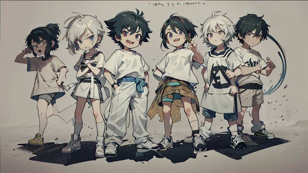 Create a black-and-white sketch of a group of six cartoon characters standing together, each displaying distinct emotions and personalities. The characters have exaggerated facial expressions and unique hairstyles. From left to right: 

1. The first character has a short, messy hairstyle and looks surprised with their hands slightly raised.
2. The second character has a long, parted hairstyle and appears anxious, with a worried expression and hands clasping the front of their shirt.
3. The third character has spiky hair, is laughing with their mouth wide open, and has their hands on their hips.
4. The fourth character has short, straight hair, is making an angry face, and is clenching one fist while the other hand is on their hip.
5. The fifth character has long hair with a headband and glasses, looking confused or contemplative, and is wearing a shirt with a large 'A' on it.
6. The sixth character has short, dark hair and is making a mischievous or rebellious face, with one hand in their pocket and the other making a rock-on gesture.

The characters are dressed in various casual outfits, and the background is plain, giving the focus to their expressive faces and postures.