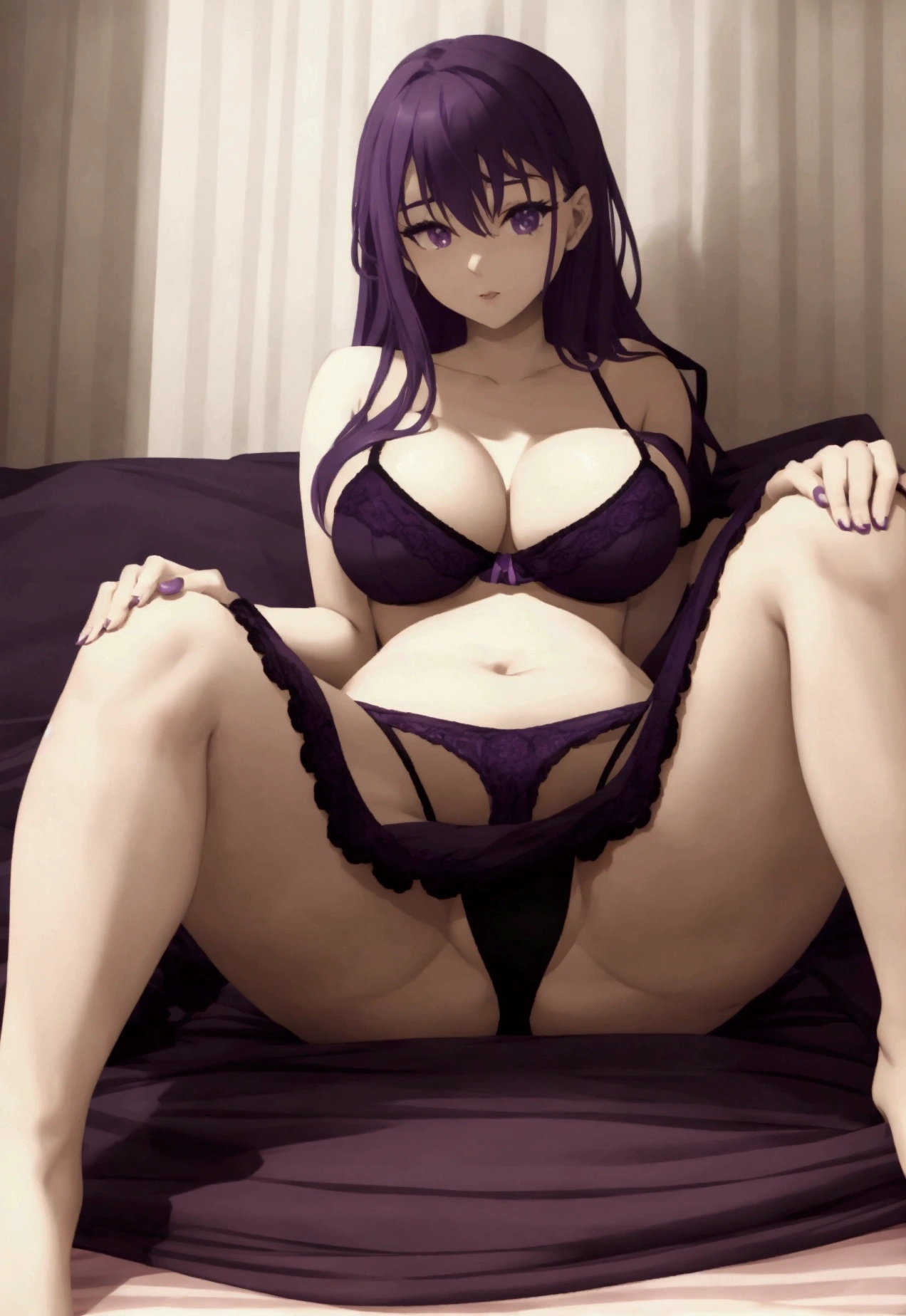 purple hair girl, new, breasts big. Sitting on the bed with legs open showing her pussy