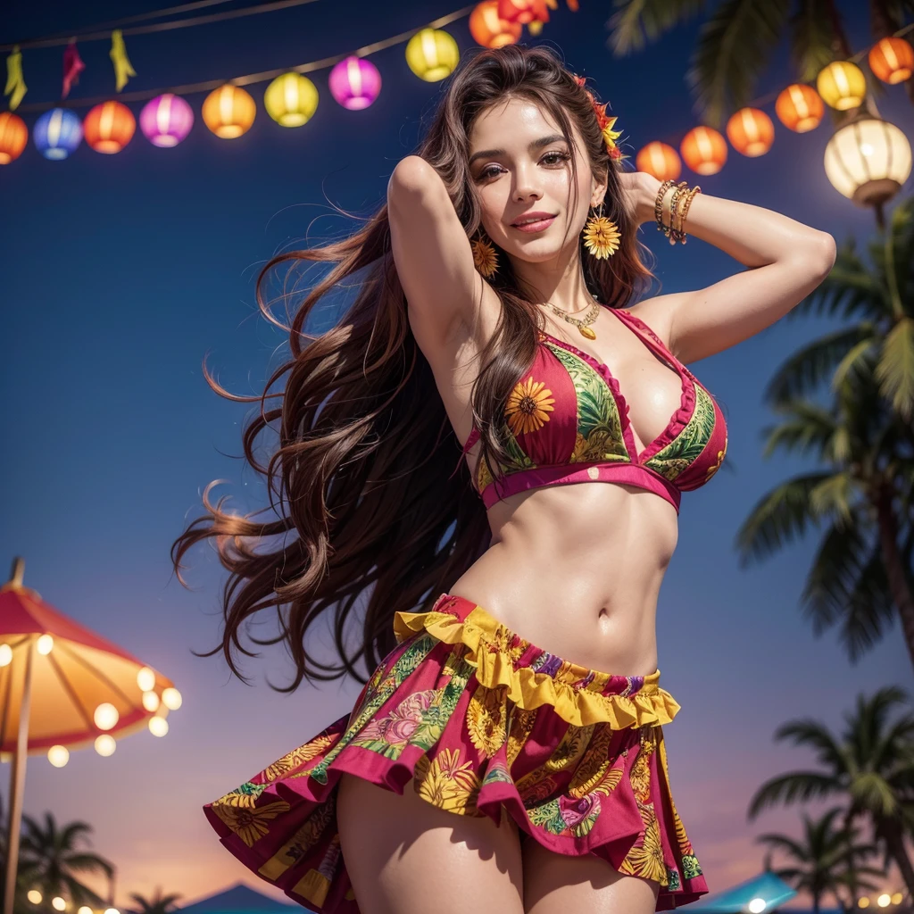 Create a vibrant and colorful image for the cover of the single "Ritmo de la Noche" by the Latin singer Valentina. The image should feature Valentina in a festive and tropical setting, reflecting the energy and passion of her music.
Setting: A beach at sunset with palm trees, hanging party lights, and a bonfire in the background. The sky should be in shades of orange, pink, and purple, creating a warm and welcoming atmosphere.
Valentina:
Appearance: A 25-year-old woman with long, wavy hair dyed a vibrant shade of red. She has a confident and radiant expression.
Outfit: Valentina is wearing a colorful and modern outfit that mixes traditional Latin elements with contemporary trends. It could be a crop top and skirt with tropical prints, or a light, flowy dress.
Accessories: Large, flashy earrings, colorful bracelets, and perhaps a flower in her hair for a tropical touch.
Position: Valentina is in the center of the image, in an animated dance pose, perhaps with one hand raised and a contagious smile.
Additional Elements:
Add musical notes and geometric patterns around Valentina to represent the fusion of Latin rhythms.
Include the title of the single "Ritmo de la Noche" in a stylized font, with warm colors like red, orange, and yellow to evoke a sense of fire and passion.
Use a vibrant color palette of red, orange, pink, and blue to capture the energy and liveliness of Latin music.
Incorporate tropical elements like exotic flowers, shells, and gentle waves to enhance the festive and tropical atmosphere.