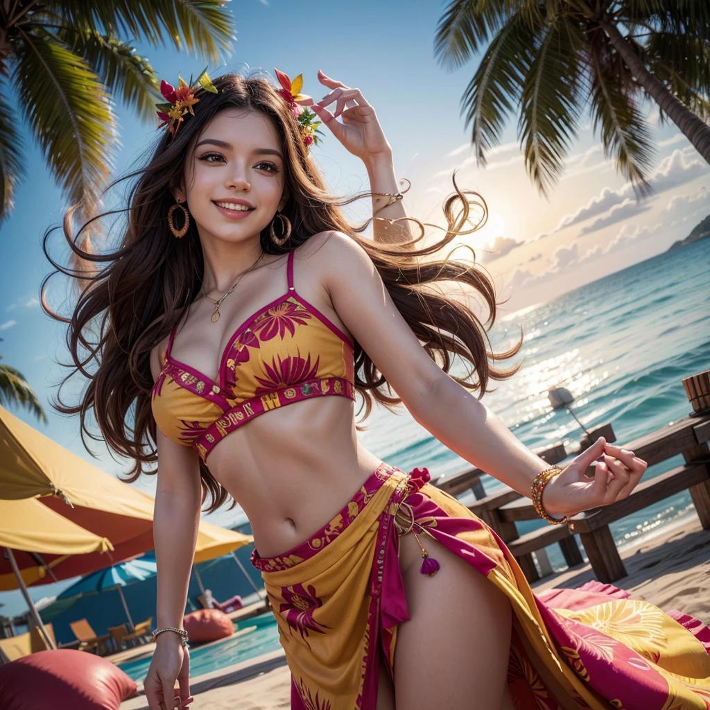 Create a vibrant and colorful image for the cover of the single "Ritmo de la Noche" by the Latin singer Valentina. The image should feature Valentina in a festive and tropical setting, reflecting the energy and passion of her music.
Setting: A beach at sunset with palm trees, hanging party lights, and a bonfire in the background. The sky should be in shades of orange, pink, and purple, creating a warm and welcoming atmosphere.
Valentina:
Appearance: A 25-year-old woman with long, wavy hair dyed a vibrant shade of red. She has a confident and radiant expression.
Outfit: Valentina is wearing a colorful and modern outfit that mixes traditional Latin elements with contemporary trends. It could be a crop top and skirt with tropical prints, or a light, flowy dress.
Accessories: Large, flashy earrings, colorful bracelets, and perhaps a flower in her hair for a tropical touch.
Position: Valentina is in the center of the image, in an animated dance pose, perhaps with one hand raised and a contagious smile.
Additional Elements:
Add musical notes and geometric patterns around Valentina to represent the fusion of Latin rhythms.
Include the title of the single "Ritmo de la Noche" in a stylized font, with warm colors like red, orange, and yellow to evoke a sense of fire and passion.
Use a vibrant color palette of red, orange, pink, and blue to capture the energy and liveliness of Latin music.
Incorporate tropical elements like exotic flowers, shells, and gentle waves to enhance the festive and tropical atmosphere.