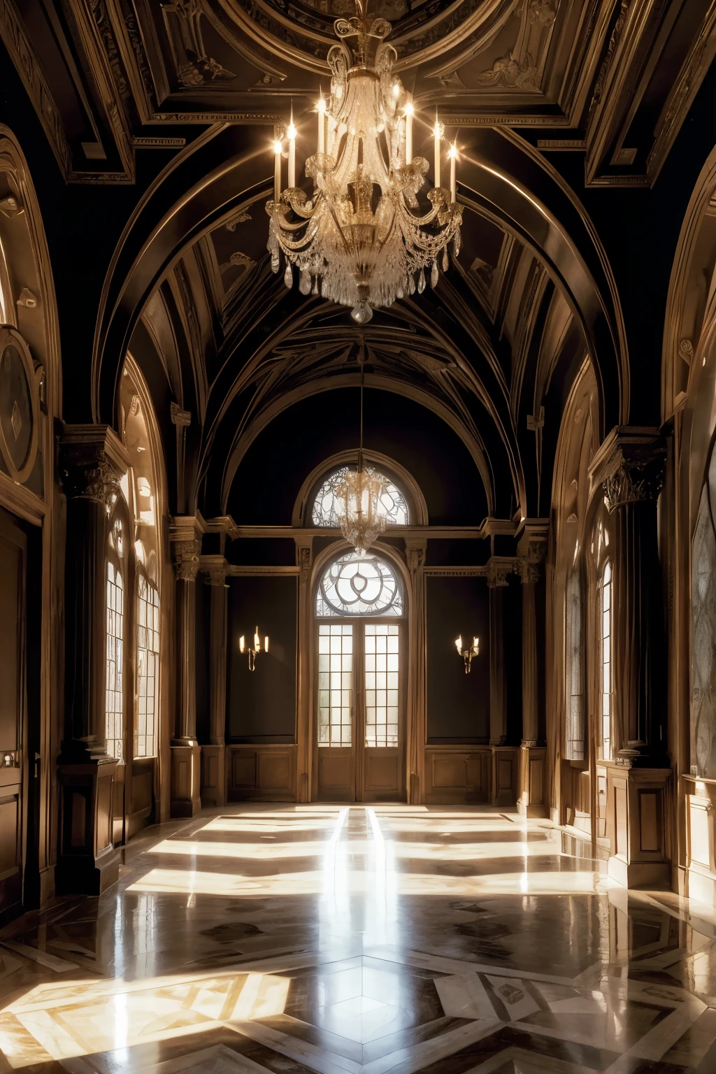 ((better quality)), (detailed), (Interior of a Renaissance palace, with 3 arch-shaped windows, showing gardens in the background, on a sunset afternoon),
(2 chandeliers on the ceiling), (The floor completely black flooring), (Lighting on the walls with sconces), (3840 x 2160) (landscape)
