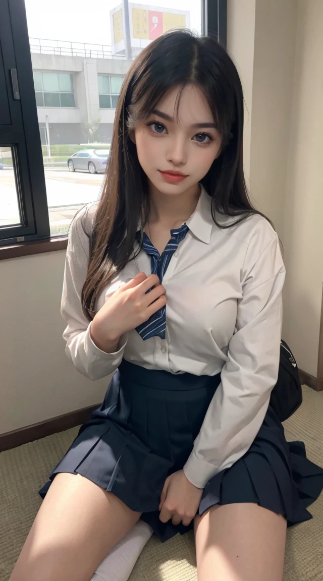 8K, RAW Photos, best qualityer, work of art: 1.2),(best qualityer，8K, ye - yeah，32k，work of art，hiper HD：1.2) , 20 years old, there is a woman in a school uniform sitting on the floor, wearing school uniform, a hyperrealisitic schoolgirl, wearing Japanese school uniform, wearing a school uniform, hyperrealisitic , cute schoolgirl, Japanese girl , Uniforme JK, jaeyeon nam, girl wearing uniform, realisitic ,  korean,  from school, Japanese 