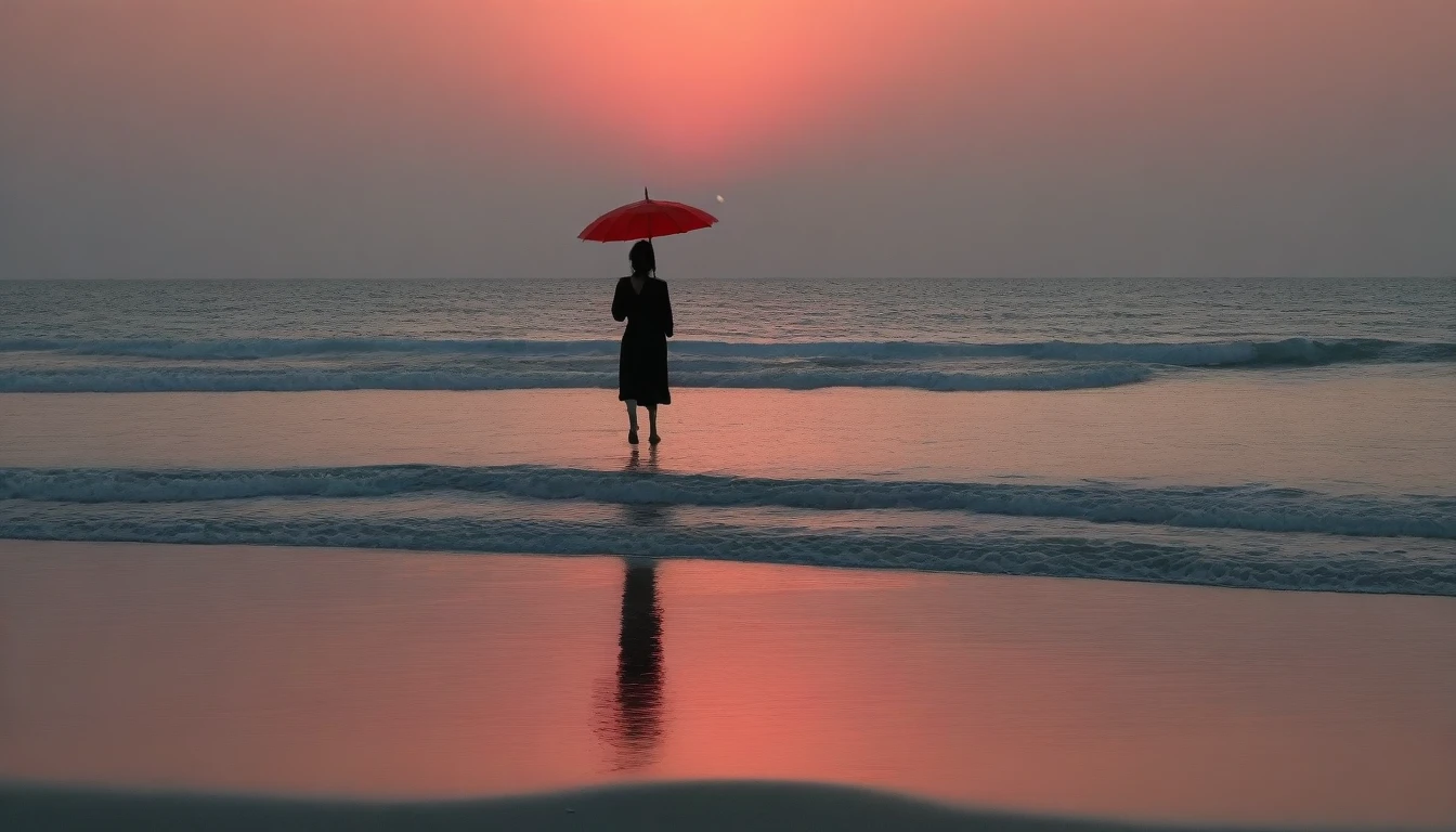 8K, Vivid picture quality, desolate long beach, two lovers walking on the beach from afar, short hair woman, red light of sunset, alone, afternoon, depressed, tide가 밀려온다, ocean, tide, black umbrella , wind, short korean woman, 잔잔한 tide, black umbrella,