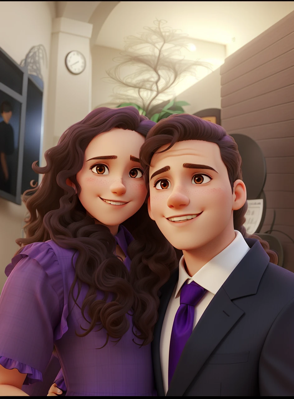young long curly hair woman in a purple dress and young man in a suit hugging each other looking at the photo