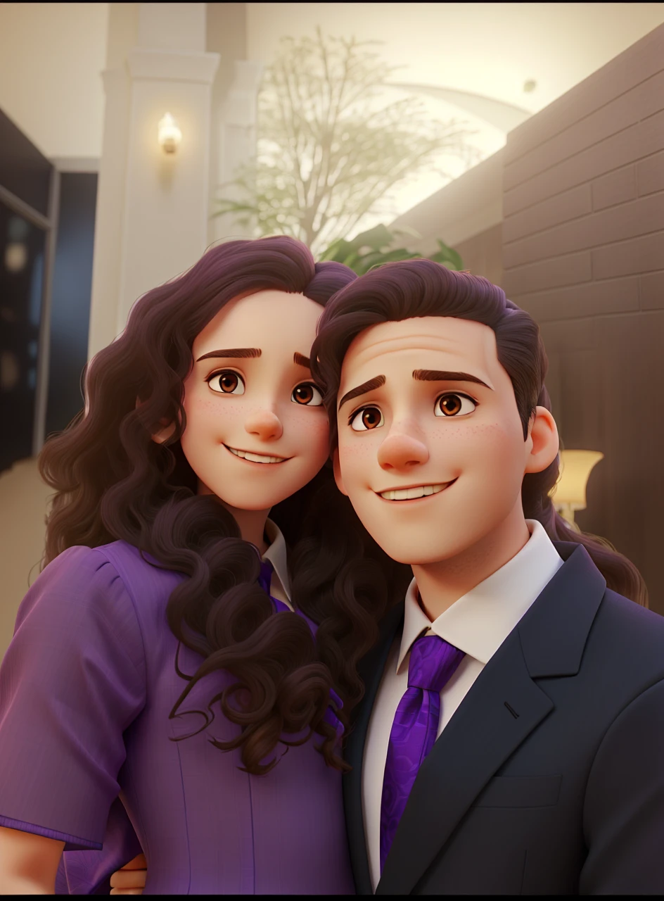 young long curly hair woman in a purple dress and young man in a suit hugging each other looking at the photo
