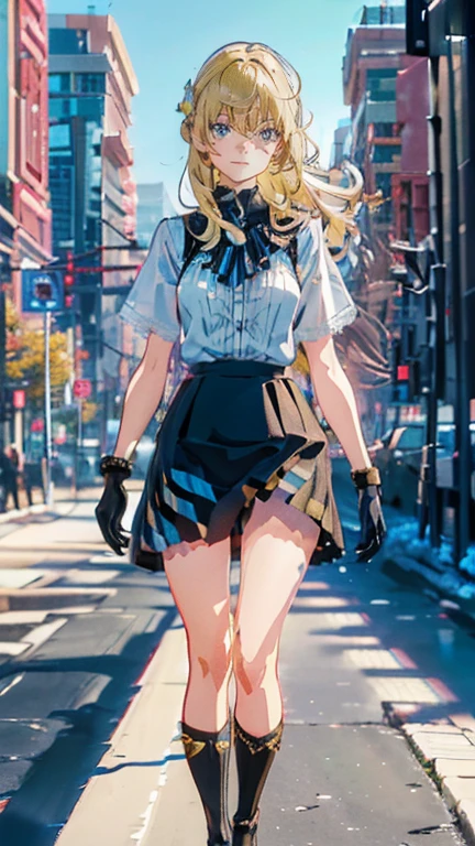 Low angle,from low,((work of art, higher resolution,best qualityer)), (beautiful illustration), ((1 girl,cute,Youngh,beautiful semi long blonde hair,rhombus stripe,gorgeous eyes)),(standing alone),(beautiful elegant office blouse and black skirt),(gazing at viewer), (walking around the Flower Park),
innocent smirk, white above the knees,Lace chalk, bracelet, gloves fingerless, above the knees,
Lace chalk, colar de giornomantes,bracelet, gloves fingerless, aretes, cinematic lighting, Flower Park,big city,busy street,giorno,blue sky,flowers and trees,overcrowded,
