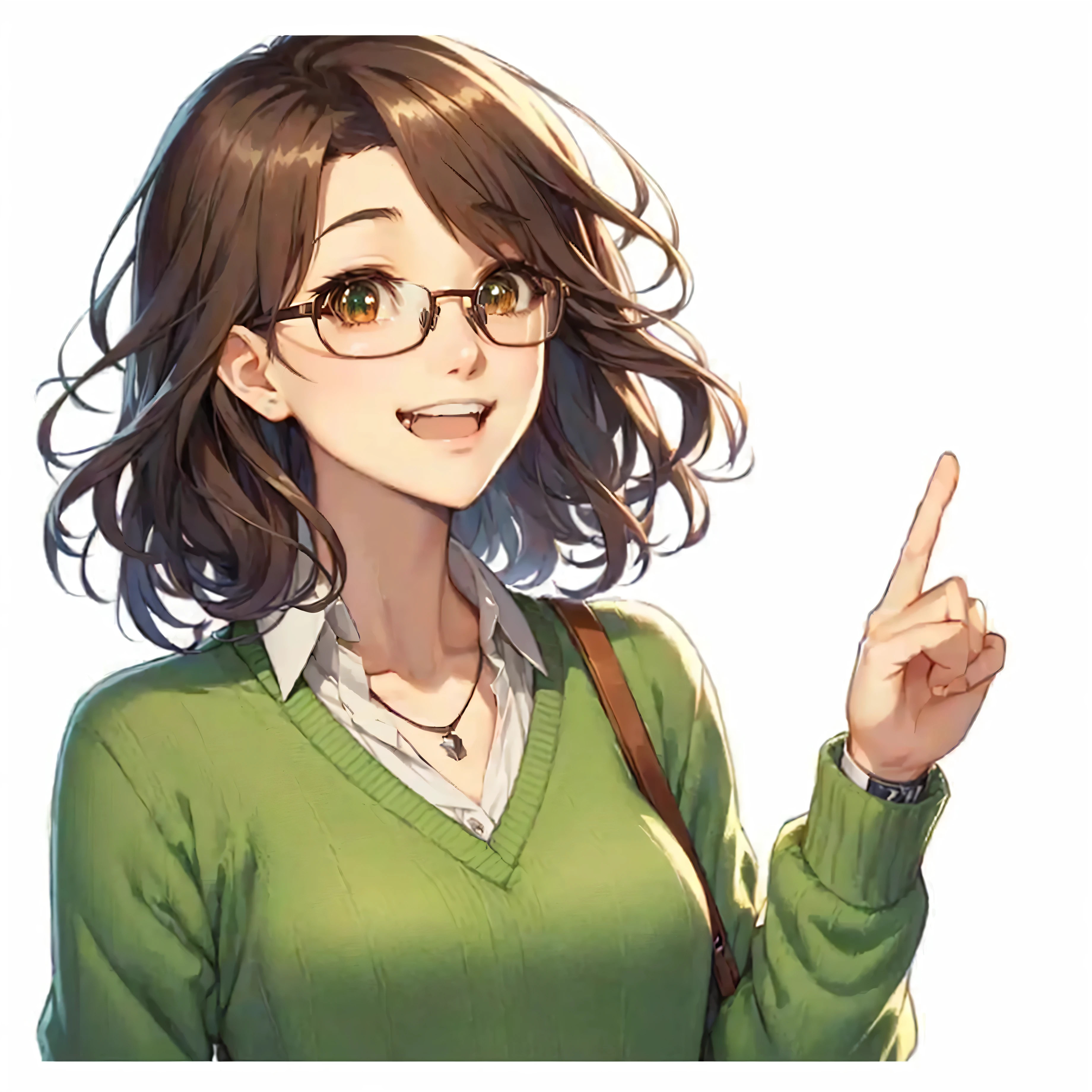 anime girl with glasses and green sweater pointing at something, with index finger, female protagonist 👀 :8, anime moe artstyle, with glasses, cute slightly nerdy smile, anime visual of a cute girl, makoto shinkai and artgerm, detailed anime character art, makoto, (anime girl), female anime character, nerdy appearance, high quality portrait