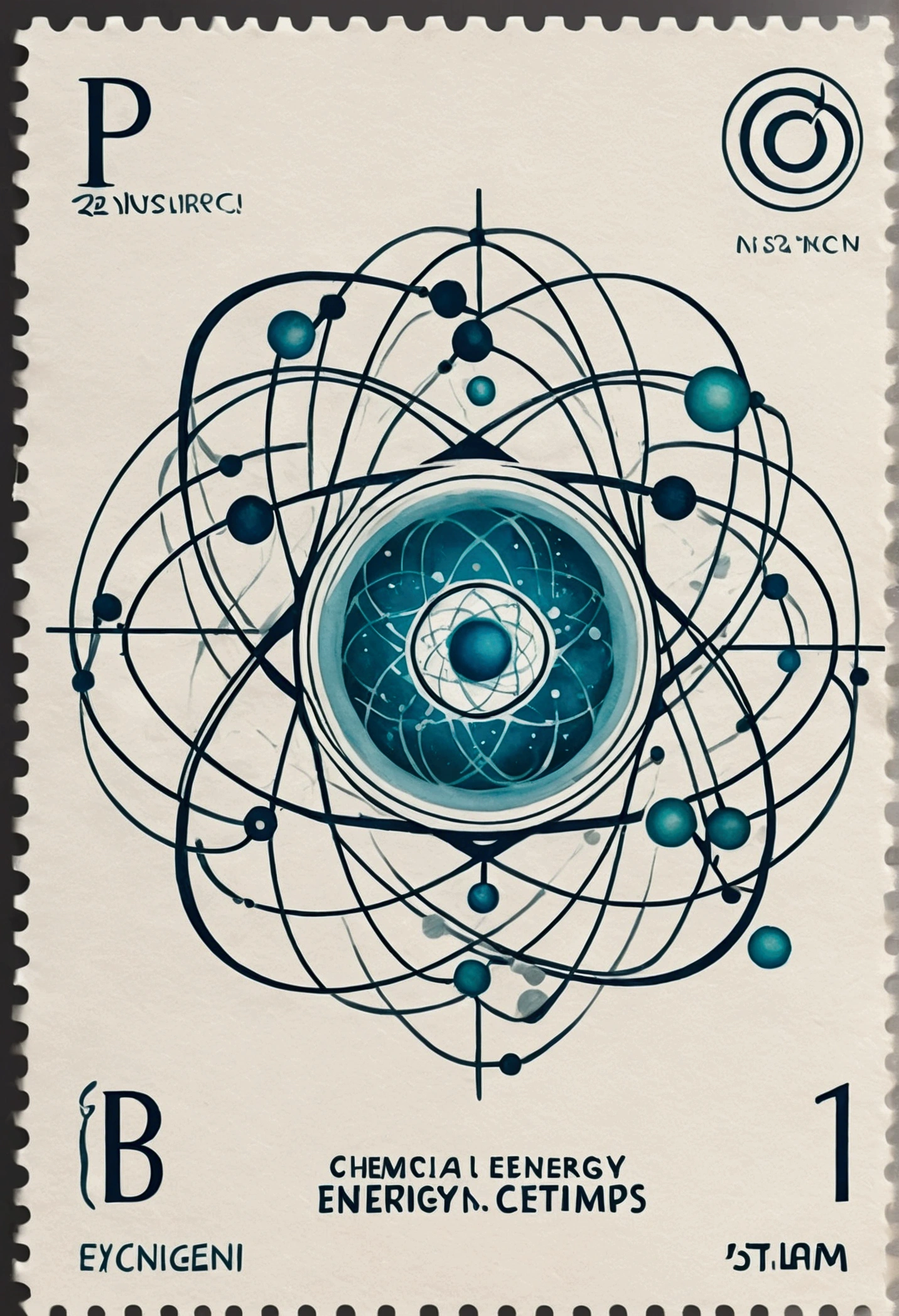 create a logo making the interaction of physics disciplines (energy), Chemical (atoms)  and biology (living creatures) to be used on a stamp