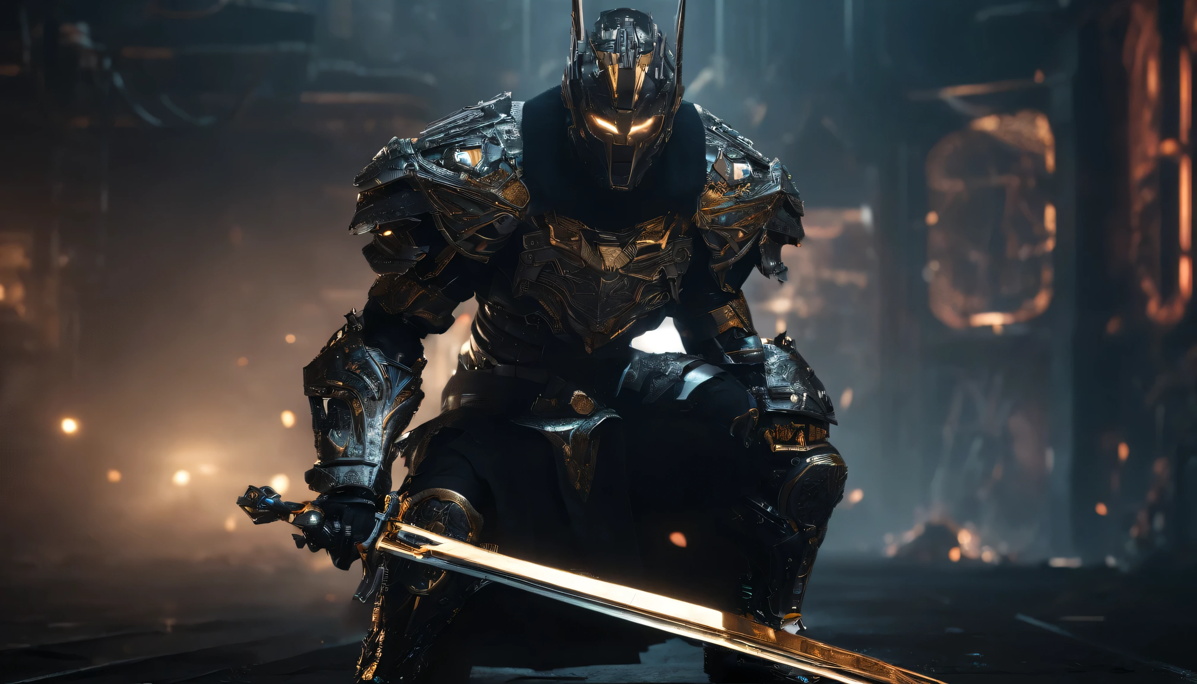An exceptional 8K UHD art photography capturing a dark fantasy, anime-inspired scene of a masculine, muscular warrior. Clad in metallic black battle armor, a white cape adorned with golden details, and making and forging his sharp sword, the warrior stands tall badass stance in his forge while forging his sword The background is filled with ironic equipment and tools, while the warrior's silhouette is bathed in a dramatic, low-key light. The image exudes a cinematic, highly detailed, and sharp focus