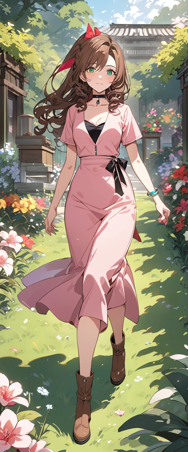 masterpiece, best quality, 8k, 4k, 1girl, aerith gainsborough, brown hair, longer side curly bang, long tight curly ponytail, green eyes, red hair ribbon, red bolero jacket, short sleeve jacket, cropped jacket, black tie choker, long pink straight dress, brown boots, bangles, walking in a garden, flowers, detailed background,, inspired by Asukaziye artist : ask, art style : ask