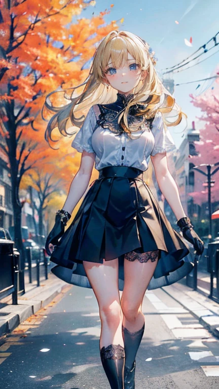 Low angle,from low,((work of art, higher resolution,best qualityer)), (beautiful illustration), ((1 girl,cute,Youngh,beautiful semi long blonde hair,rhombus stripe,gorgeous eyes)),(standing alone),(beautiful elegant office blouse and black skirt),(gazing at viewer), (walking around the Flower Park),
innocent smirk, white above the knees,Lace chalk, bracelet, gloves fingerless, above the knees,
Lace chalk, colar de giornomantes,bracelet, gloves fingerless, aretes, cinematic lighting, Flower Park,big city,busy street,giorno,blue sky,flowers and trees,overcrowded,