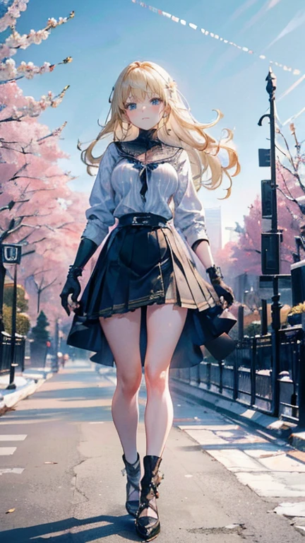 Low angle,from low,((work of art, higher resolution,best qualityer)), (beautiful illustration), ((1 girl,cute,Youngh,beautiful semi long blonde hair,rhombus stripe,gorgeous eyes)),(standing alone),(beautiful elegant office blouse and black skirt),(gazing at viewer), (walking around the Flower Park),
innocent smirk, white above the knees,Lace chalk, bracelet, gloves fingerless, above the knees,
Lace chalk, colar de giornomantes,bracelet, gloves fingerless, aretes, cinematic lighting, Flower Park,big city,busy street,giorno,blue sky,flowers and trees,overcrowded,
