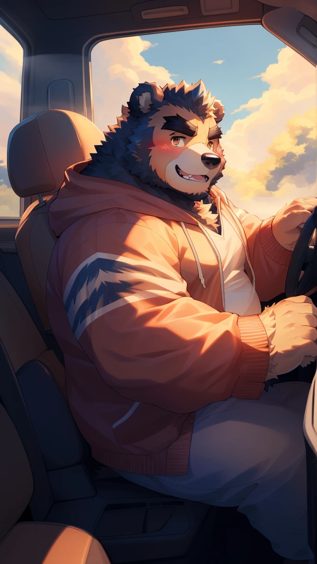 (Vision:1.5), solitary, anthropology, hairy, hairy male, Bear, ((Fluffy fur, Fluffy, hairy body)), (bear print), (Thick eyebrows), youth, muscular, pectoralis major, Black fur, Golden pupils, Detailed teeth, defaced face, fundos, trucker, Red plaid hoodie, cab里, Driving, sideways, Shy expression, A faint smile, blush, (Dynamic poses:1.5), Clear facial features, Strong, majestic, alone, panoramic, Fog atmosphere, early morning, Tyndall Light Effect, cab, Sunlight through the car window, (By Empty Ghost, From bear20, masterpiece, high quality, high resolution,8K)
