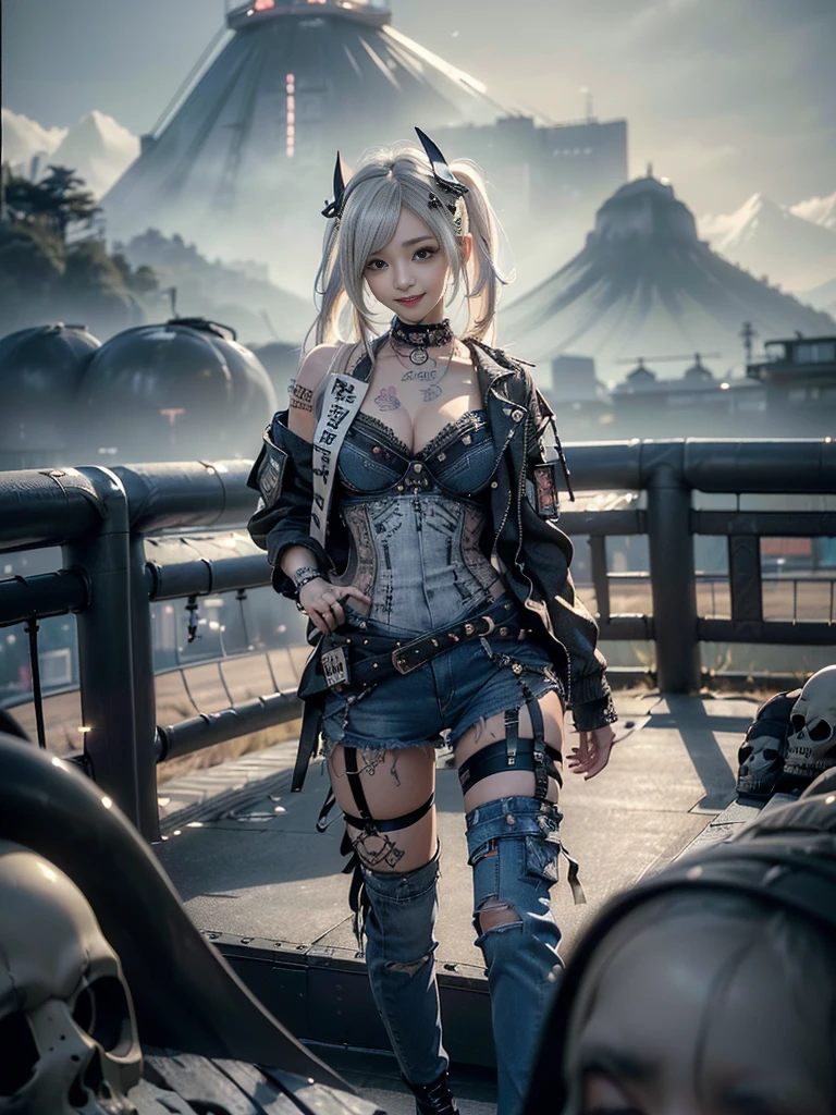 (Beautiful lips and nose:1.4)、(Long eyelashes:1.4)、(Smiling with teeth showing:1.3),(Shibuya Gal:1.5)、(Gothic Lolita delicately decorated dress:1.5)、(Tattered denim and black punk rock cargo pants:1.5)、(Denim and black navy skull mark small jacket:1.4)、(denim garter belt:1.5)、(Black and denim knee socks:1.3)、(Skull Silver Accessories:1.5)、(Denim collar:1.3)、(Brown Skin Belt:1.4)、(Brown boots:1.2)、(The underwear is striped:1.4)、31 years old、((Highest quality、In 8K、masterpiece:1.3))、Sharp focus:1.2、(Layered Cut、Huge boobs:1.1),Beautiful woman with perfect figure:1.4、(Dancing vigorously:1.3)、Slender Abs:1.2、Highly detailed face and skin texture、Detailed eyes、double eyelid,(Twin tails:1.3)、(Cream colored hair:1.3)、Gravure idol、(The background is a vast mountain with a clear view々Beautiful luxury resort destination in Europe:1.3)、(Slim body:1.2),(Make your legs thinner:1.4),(clavicle:1.1)