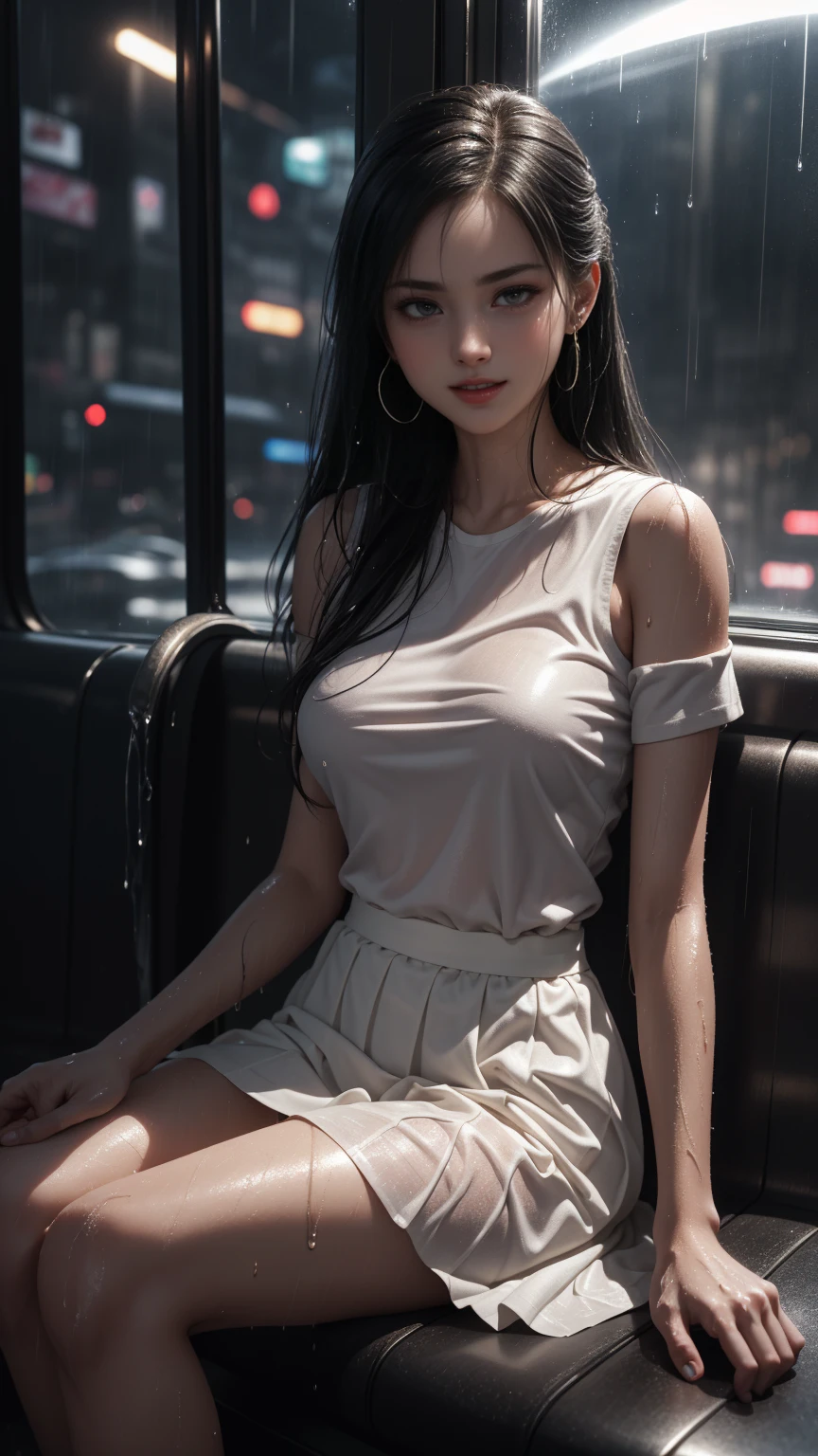 ((A girl running through the streets of New York))、(RAW shooting, Photorealistic:1.5, 8K, Highest quality, masterpiece, Ultra-high resolution), Perfect dynamic composition:1.2, Night Street Corner, Looking up at the sky:1.3, (((Heavy rain from a typhoon))), Highly detailed skin and face textures:1.2,( 雨にWetスリムな女性:1.3), Sexy beauty, Perfect Style:1.2, Aesthetic and beautiful, Fair skin, Very beautiful face, (Rain dripping all over my body:1. 2, Wet髪:1.4, Wet:1.2), Water droplets on the skin, (Medium sized breasts, Chest gap), (Shy laugh, The expression when feeling intense caressing, Facial expression when feeling pleasure), (Beautiful blue eyes, Beautiful erotic eyes:0.8), (Too erotic:0.9, Alluring:0.9),((Wet白いブラウス))、((Wetタイトスカート)) Second bag, Perfect body, Perfect fingertips(Girl sitting on train seat)、Best quality work,Actual work,Ultra Premium Graphics,8K HD CG works,High quality graphics,High-definition CG works,10x pixels,Extremely fine detail:1.1,Advanced Technical Details:1.1 Photorealistic,Indoor lighting effects:1.5,Natural light:1.5. Light effects(virtual Light effects:1.8),(Golden white short hai(RAW shooting, Photorealistic:1.5, 8K, Best lift up skirt