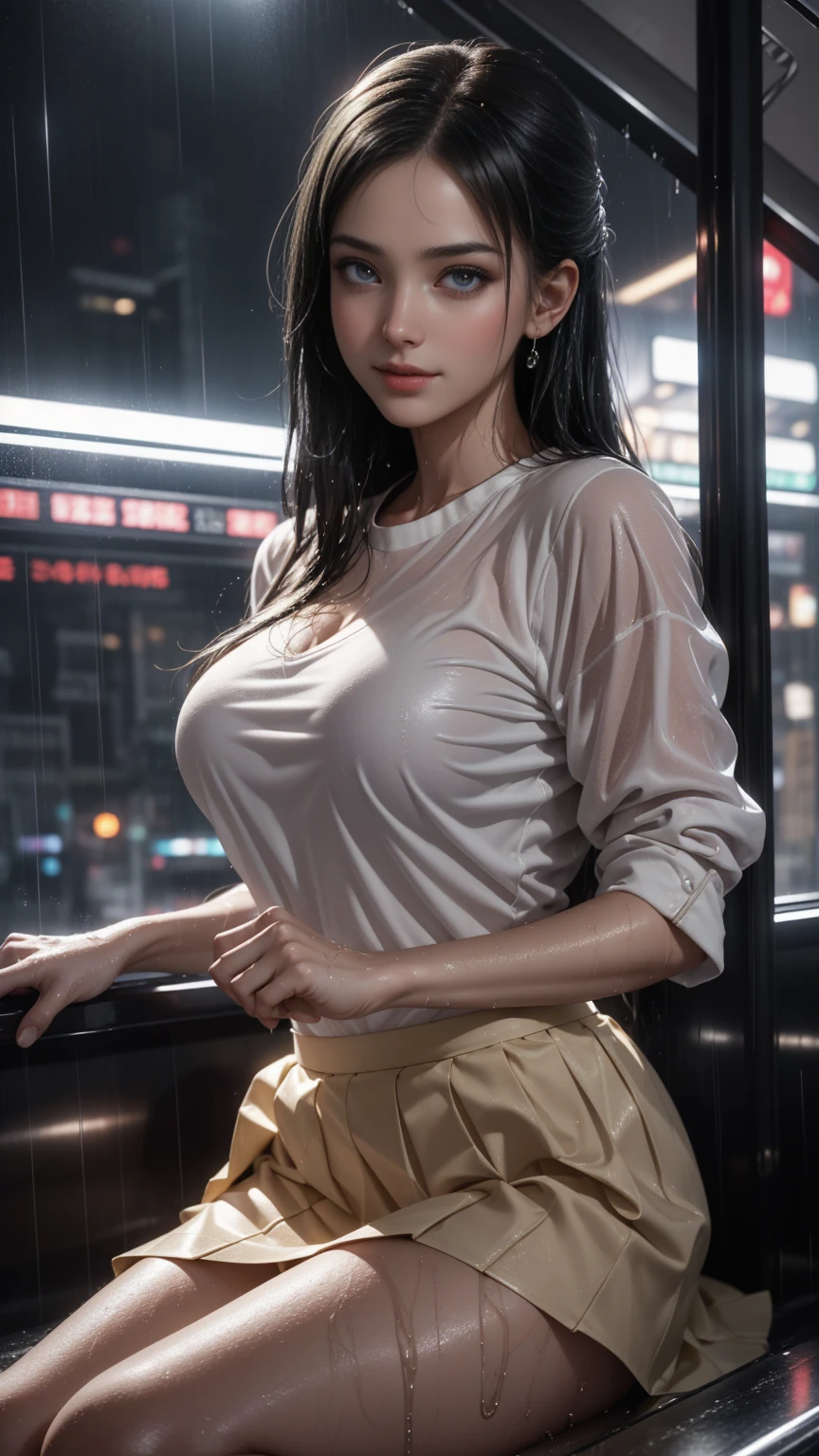 ((A girl running through the streets of New York))、(RAW shooting, Photorealistic:1.5, 8K, Highest quality, masterpiece, Ultra-high resolution), Perfect dynamic composition:1.2, Night Street Corner, Looking up at the sky:1.3, (((Heavy rain from a typhoon))), Highly detailed skin and face textures:1.2,( 雨にWetスリムな女性:1.3), Sexy beauty, Perfect Style:1.2, Aesthetic and beautiful, Fair skin, Very beautiful face, (Rain dripping all over my body:1. 2, Wet髪:1.4, Wet:1.2), Water droplets on the skin, (Medium sized breasts, Chest gap), (Shy laugh, The expression when feeling intense caressing, Facial expression when feeling pleasure), (Beautiful blue eyes, Beautiful erotic eyes:0.8), (Too erotic:0.9, Alluring:0.9),((Wet白いブラウス))、((Wetタイトスカート)) Second bag, Perfect body, Perfect fingertips（Girl sitting on train seat)、Best quality work，Actual work，Ultra Premium Graphics，8K HD CG works，High quality graphics，High-definition CG works，10x pixels，Extremely fine detail：1.1，Advanced Technical Details：1.1 Photorealistic，Indoor lighting effects：1.5，Natural light：1.5. Light effects（virtual Light effects：1.8）,（Golden white short hai(RAW shooting, Photorealistic:1.5, 8K, Best lift up skirt