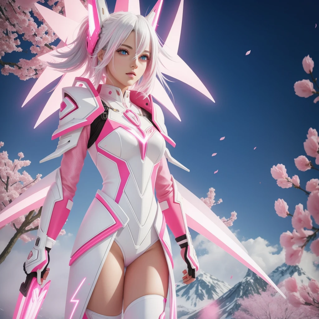 a very pretty girl,tower of fantasy,white hair with pink gradient tips ,bright eyes neon pink ,cherry petals ,futuristic suit , ultra realistic anime style, HDR, 12 k