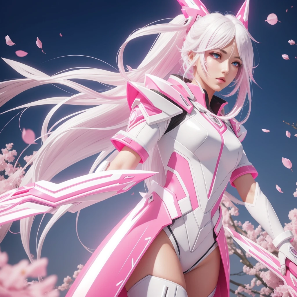 a very pretty girl,tower of fantasy,white hair with pink gradient tips ,bright eyes neon pink ,cherry petals ,futuristic suit , ultra realistic anime style, HDR, 12 k