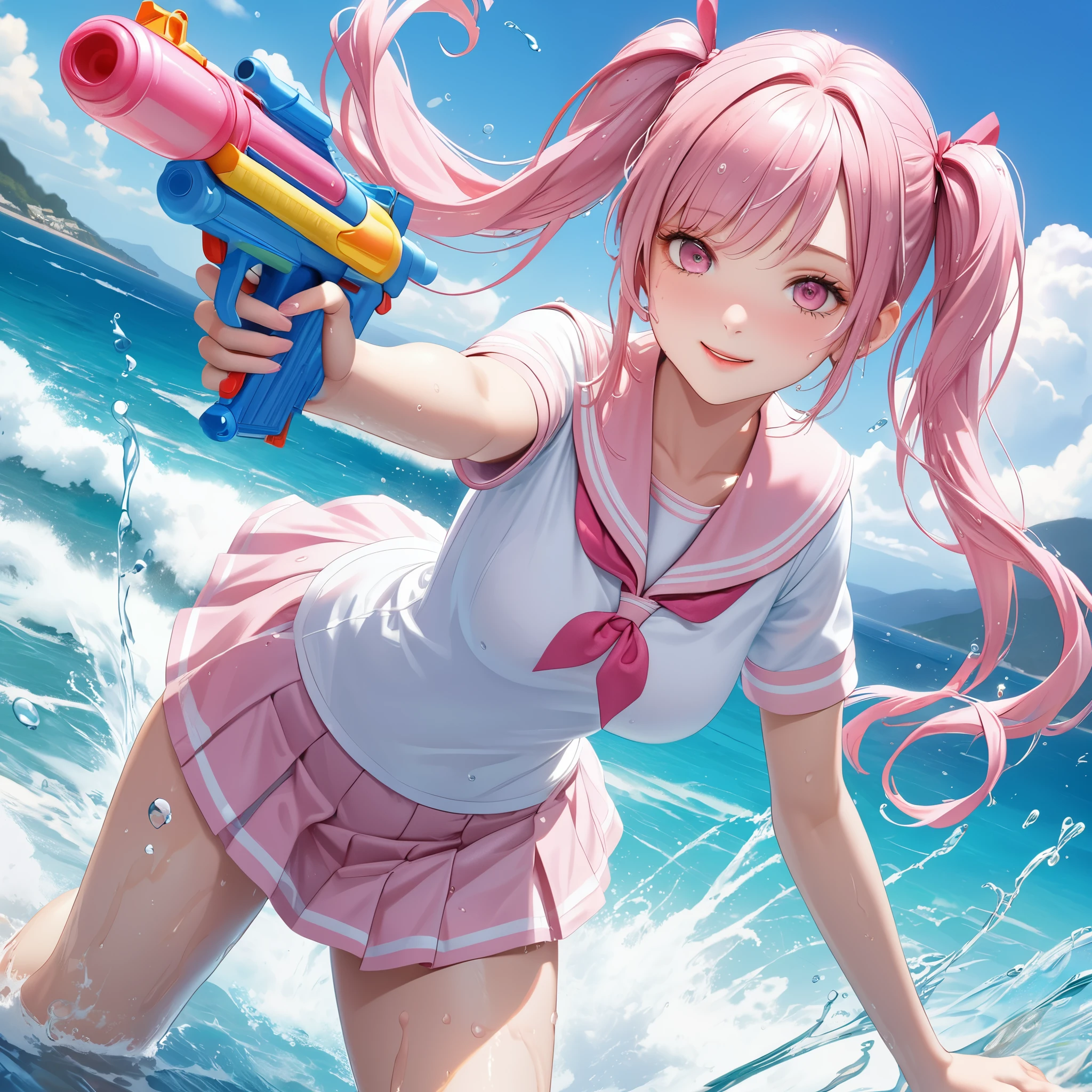 (8K, masutepiece, Best Quality, Official art, beautiful detailed, beautiful lighting, best masterpiece in history that exceeds limits), (1 Girl, Solo), (sixteen years old), (beautiful detailed face), (wet shiny white skin), (Beautiful big bust:1.3), (thighs, navel), (beautiful detailed pink twin tails hair, Bangs:1.3), (beautiful detailed drooping pink eyes:1.5), (high school uniform:1.3), (wet patsel pink sailor collar, white short sleeves short length outing shirt, pastel pink pleated skirt, patsel pink ribbon:1.3), (happy smile:1.2), (dynamic angle, dynamic cut, Attractive, Look at the camera, cute pose), breathtaking scenery, (ultra detailed realistic Beautiful sea, blue sky, summer:1.2), (water gun, release water, water splash:1.5),
