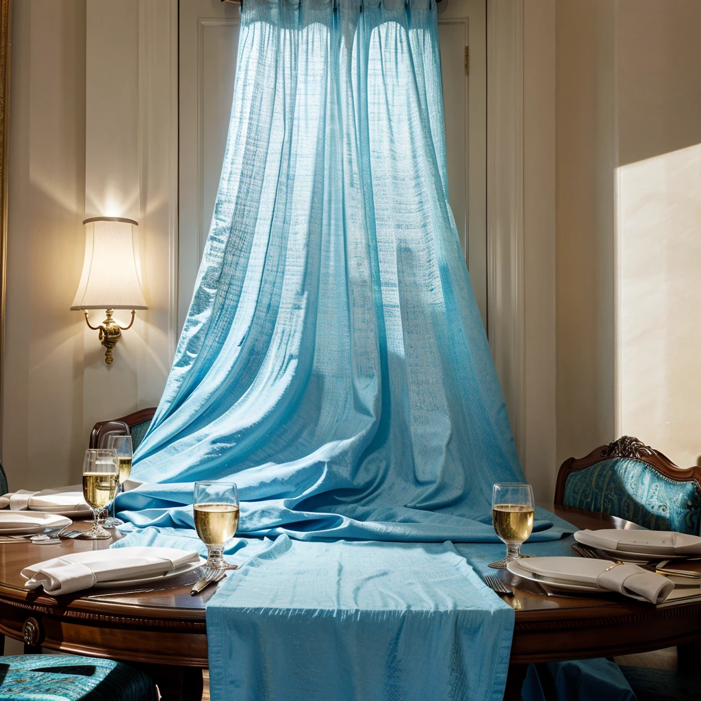 A photorealistic image of a luxuriously set table in a prestigious hotel dining room. The table is covered in a light blue tablecloth focus on the intricate details of the table setting, including crystal glasses