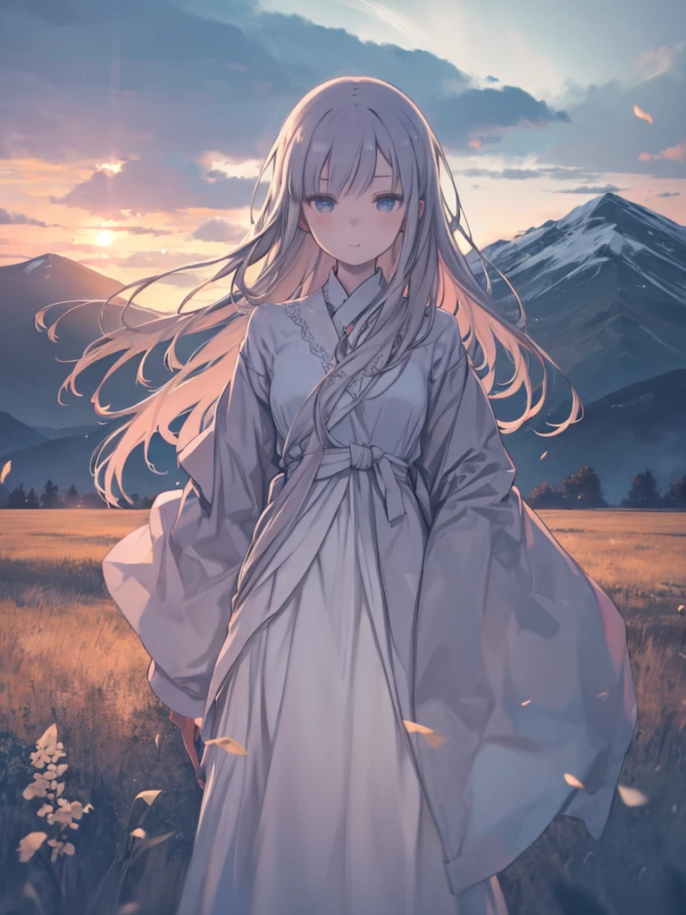 The painting style is quiet、The lighting is yellow. Home々A distant mountain々Surrounded by, The willows in the courtyard are swaying in the wind. Several layers of pale red curtains、It adds a slightly mystical atmosphere to the deep landscape.。, The woman is alone, Her long hair is scattered freely, And then her figure looms, With a faint smile.