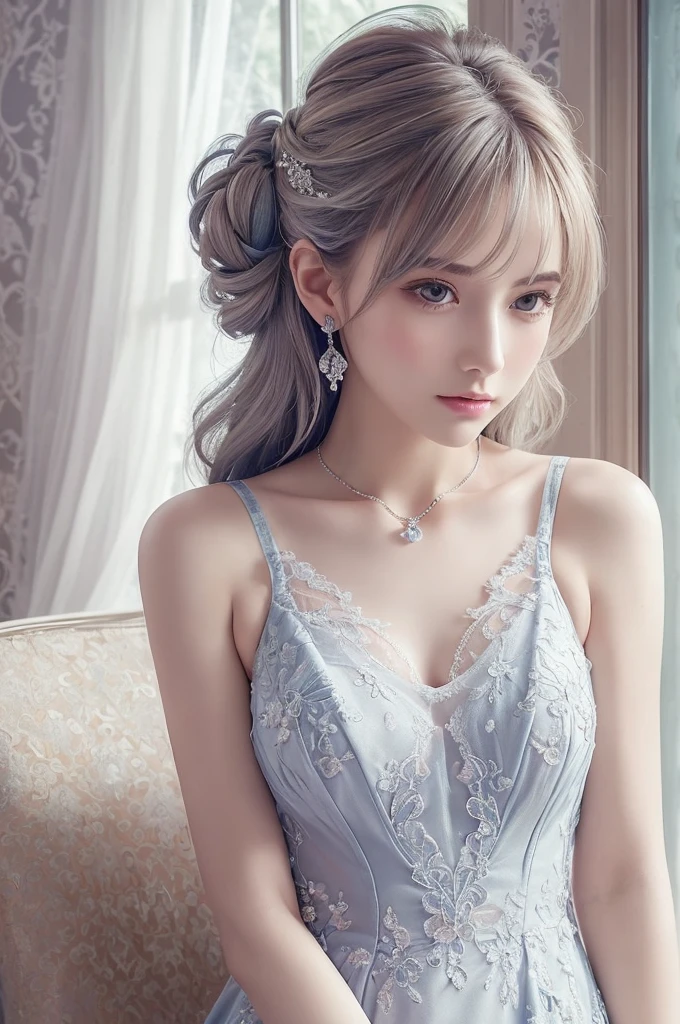 silver lace thong&Good, (((Very elegant and beautiful, Perfect detail, Super detailed))), whole body, The most detailed girl, Depth of written boundary, 美しく詳細なwhole body, Thin legs, 1 girl, 30 years old, Very short hair, Spiked Hair, Gray and silver hair, Beautiful detailed hair, Perfect Face, Expressionless, Beautifully detailed deep eyes, Open your mouth a little, Delicate arms and hands, Pale skin, Earrings, Beautiful and gorgeous necklace, Colorful background, HD background, Blurred Background, Very delicate and beautiful, Masterpiece, (((Highest quality, Very beautiful 8K CG wallpaper))), (((Trendy hairstyles))), (Inside the room,Stylish interior,window),