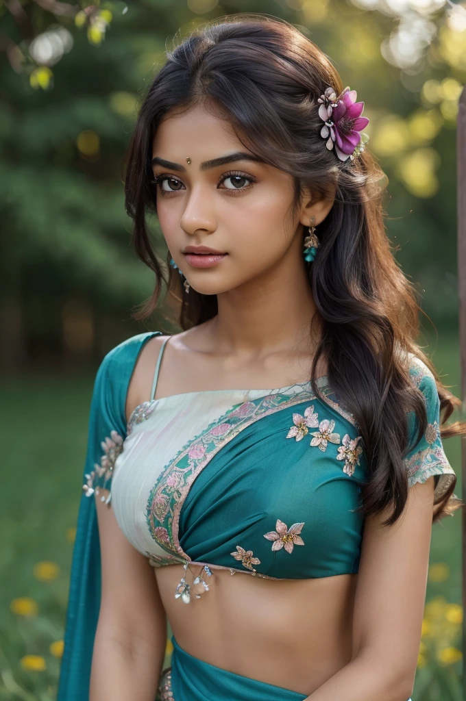 masterpiece), (best quality:1.7), (finely detailed eyes and detailed face), (detail:1.3, best quality, (ultra-detailed), (an extremely delicate and beautiful),cinematic light,dynamic angle,floating, (best quality:1.3),((disheveled hair:1.2),( beautiful detailed eyes:1.1), Indian girl, wearing teal, magenta , green dark blue saree,t shirt , very big sharp breast , charming face , seductive pose,meadows background , bokeh , flower on hair, tight blouse hooks