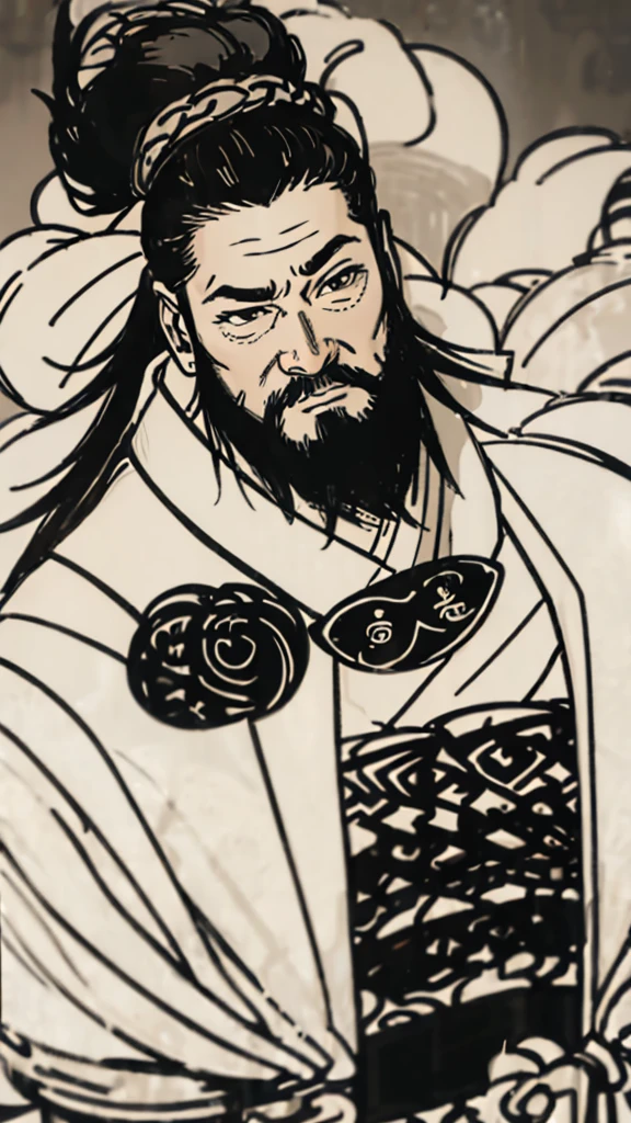 Monochrome,Oriental、Men in ancient Chinese costumes、(ancient chinese hairstyle male)、As seen in the Romance of the Three Kingdoms々military commander、Highest quality、masterpiece、Ultra-high resolution、(Realistic:1.4)、Game Poster、Crisp and beautiful image quality、beard、Embroidered cloth wrapped around a topknot、whole body ,((Skin of color, ),(Heavy Blackbeard):1.2), ( (Very detailed, bloom:1.5), (Highest quality, Concept Art, 4K), (analog:1.2), (high sharpness), (Detailed pupil:1.1), (Painting:1.1), (digital Painting:1.1), Detailed face and eyes, masterpiece, Highest quality, (Very detailed写真:1.1), 8K, photoRealistic, (Black Hair, Dynamic Short Hair), (PurerosFace_v1:0.2), [:(Detailed face:1.2):0.2], sharp, Realistic, Realistic Shadow, 