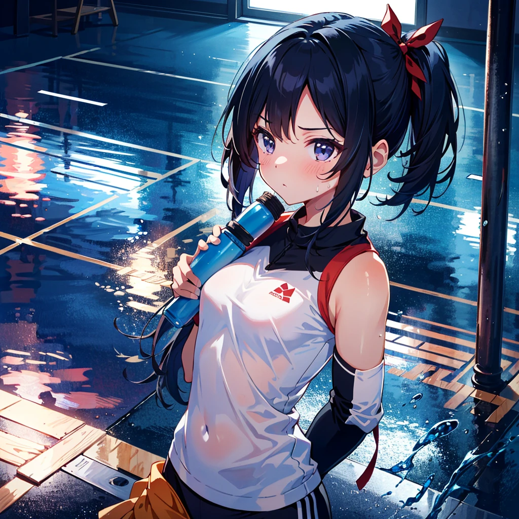 Masterpiece, highest quality, high resolution background, bright and beautiful atmosphere, 2 girls (2 years old, 1 short-tempered round face), 1 child) (hair, surface effects), small breasts, sports club, wiping sweat A girl taking water from a tumbler, her face turned slightly upwards, muscle training equipment lined up, "deltamon_sdXL :0.73) >Deltamon"