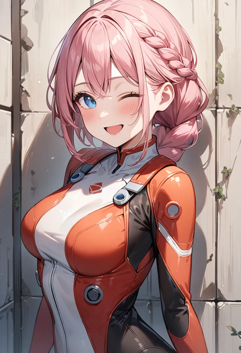 (masterpiece, top quality, very aesthetic, 4k、illustration), intricate detail, 1girl,Standing in front of a wall、(upper body)、happy smile、Open mouth、one eye closed、(braid hair)、
Cute 、pink hair、,middle hair,sidelock ,,blue eyes、pilot suit、Tight Suit、,medium breasts、Slim 、