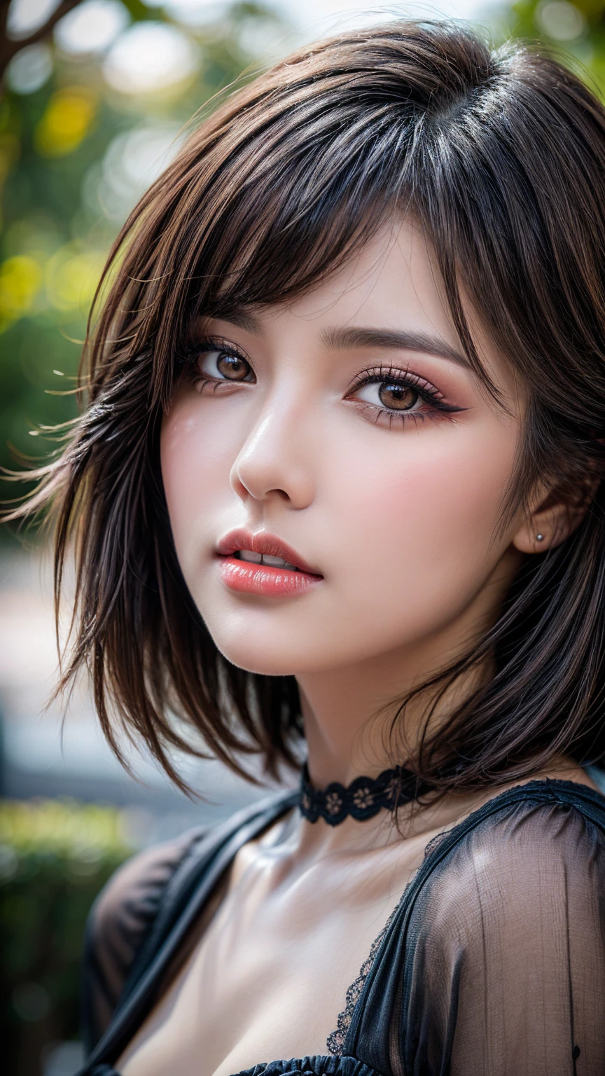 photorealism 16K realism, (Hyper-realistic proportional body, anatomically correct:1.3), ((ultra-fine digital art)), ((intricately details beautiful face)), (light pale complexion). BREAK, (small round head)),(high detailed realistic Super beautiful slim and sharp-face), (best highest detailed realistic black_eyes:1.28), ((super realistic sharp-eyes:1.2)), (tired and sleepy and satisfied:0.0), ((close up of a woman's eyes:1.2)), perfect round eyes, finely detailed pupils,BREAK,detailed lips:1.3,pink_makeup:1.22, (long_blue_eyeliner:1.28), (red_lipstick:1.35),((perfect dark_eyeshadows:1.4)), (super detailed professional makeup on eyes:1.3), (Detailed nose:1.2), (best high quality real texture skin:1.3), ((short hair red, ((bangs combed to the two side)), intricately detail:1.35)), beautiful cheekbones, dramatic lighting, ((perfect composition)), pale skin, ((dry skin)), only 1 female, petticoats, ((high neckline)), (ultra details lace), (((detailed embroidery))), (Intricately detailed workmanship), ((unconventional skirt, [[transparent]] PVC in the shade of ORANGE:1.33)), ((Shiny ORANGE [[Transparent]] Holographic Full Bodysuit: 1.3)), cinematic light, detailed background of a large park with trees, dynamic pose, ((no decorations in the hair)), (dark shot:1.1), (firm normal full breasts), 
