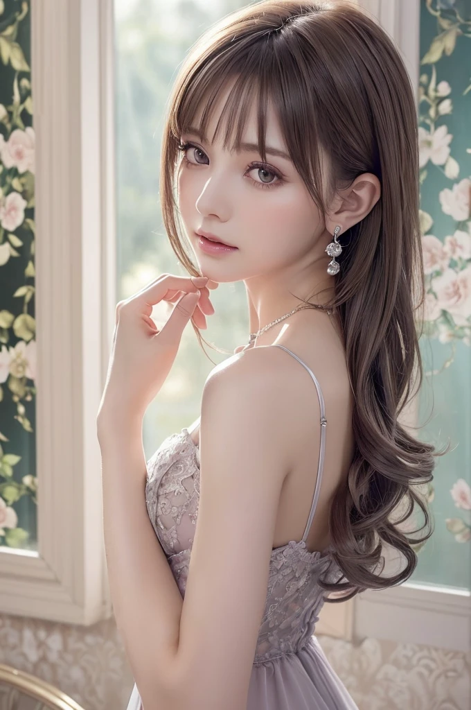 Dark Purple Lace Good, (((Very elegant and beautiful, Perfect detail, Very detailed))), whole body, The most detailed girl, Written boundary depth, 美しく詳細なwhole body, Thin legs, 1 Girl, 30 years old, Very short hair, Spiked Hair, Gray and silver hair, Beautiful detailed hair, Perfect Face, Expressionless, Beautiful, detailed, deep eyes, Please open your mouth a little, Delicate arms and hands, Pale skin, Earrings, Beautiful and gorgeous necklace, Colorful background, HD background, Blurred Background, Very delicate and beautiful, masterpiece, (((Highest quality, Very beautiful 8K CG wallpaper))), (((Trendy hairstyles))), (Inside the room,Stylish interior,window),