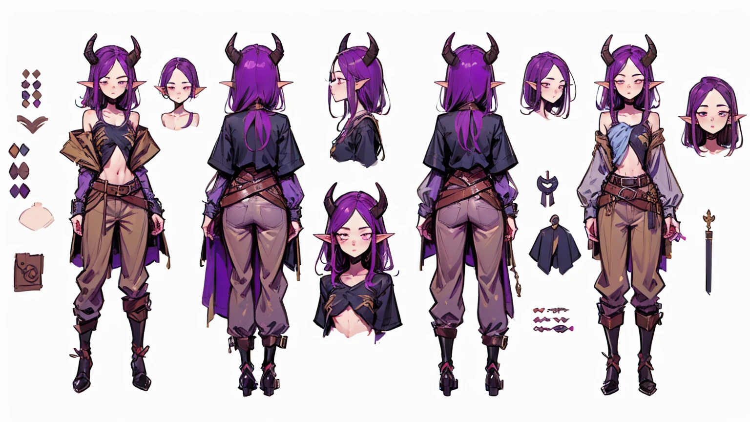 (Masterpiece, best quality), detailed, 1girl, ((character concept art)), ((character design sheet, same character, front, side, back)), many items, (Tiefling Girl, purple hair, purple skin, purple horns, flat chest, in a shirt and pants with a belt, medieval clothing, stands tall
