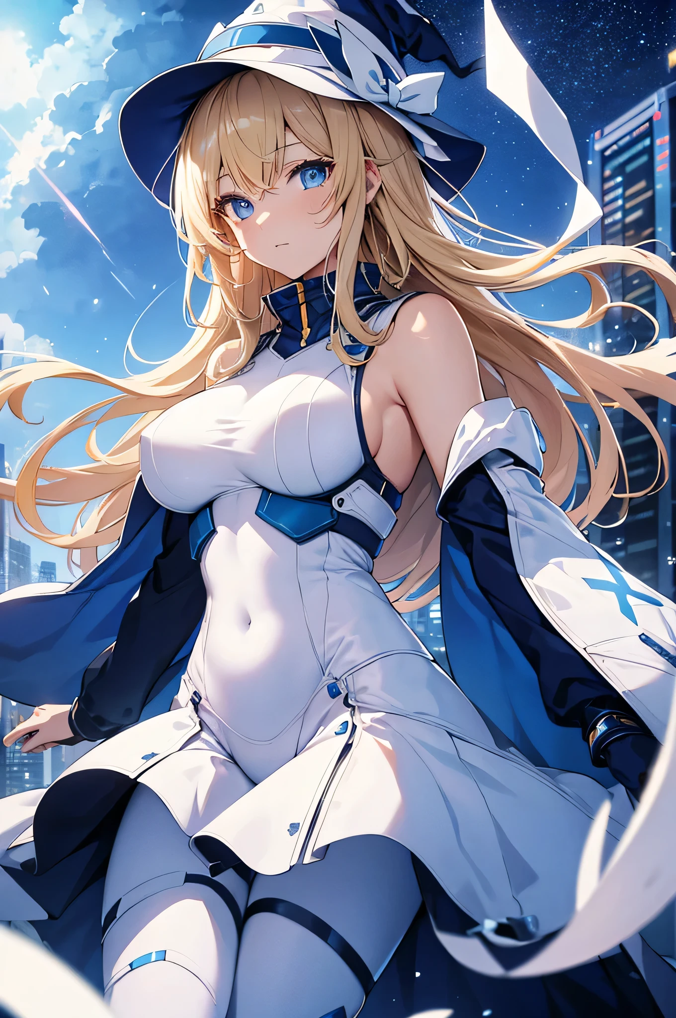 4K,High resolution,One Woman,Blonde,long hair,Blue Eyes,Big Breasts,Wizard,White tight cyber suit,Sleeveless,Blue hat,Magic wand,City of the Future,Night Sky