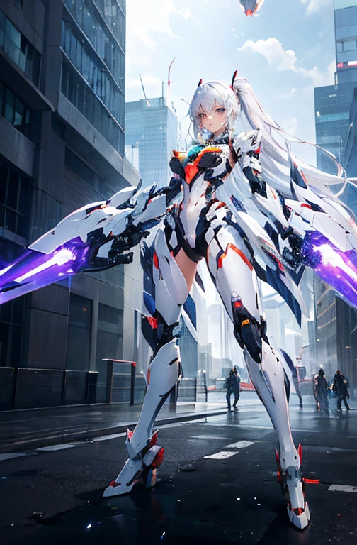 ((Kizi, mecha)), glare eyes, 精致的面容, damaged armor, mechanical aura, mechanical arm, White hair, long hair, ceramic body, Thigh clearance, breasts big, Network Background, Very cool city, (translucent, Reflective skin), 8K, best qualityer, super verbose, (Surrealism: 1.4),