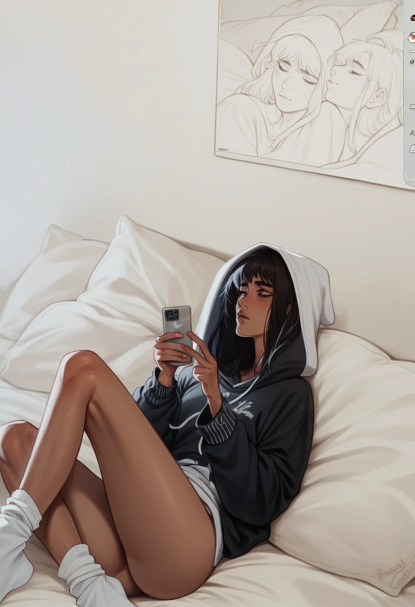 araffe woman in a black hoodie laying on a couch with a cell phone, wearing an oversized hoodie, cosy vibes, cozy aesthetic, girl wearing hoodie, sitting on a bed, instagram model, comfy, portrait sophie mudd, sitting on the bed, sitting on edge of bed, soft devil queen madison beer, profile pic, reclining on bed, cozy vibe