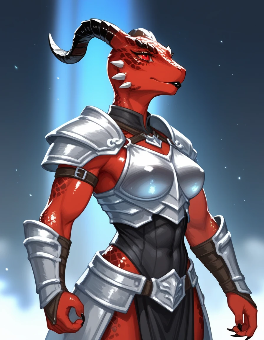 Solo, score_9,score_8_up,score_7_up, kemono style, Anthro Argonian female from skyrim, Anthro reptile girl, snout, red scaled skin, glowing red eyes, black lips, black horns, black ram horns, athletic body, and, wearing metal barbarians armor, standing, portrait