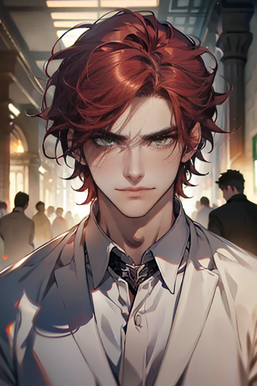 (tmasterpiece, high resolution, ultra - detailed:1.0), (1 male, madure, masculine face), Perfect male body, tall and strong, Adult male, Delicate eyes and delicate face, Extremely detailed CG, Unity 8k wallpaper, Complicated details, Detailed face, ( short  gray red hair, serious faces, white shirts,Bad students), (frown,smile:1.3), stad in school corridor, street style, color difference, Depth of field, dramatic shadow, Ray tracing, Best quality, Cinematic lighting, offcial art,Portrait